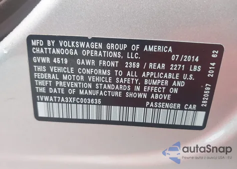 2015 Volkswagen Passat 1.8T S из США, поврежденный, VIN 1VWAT7A3XFC003635